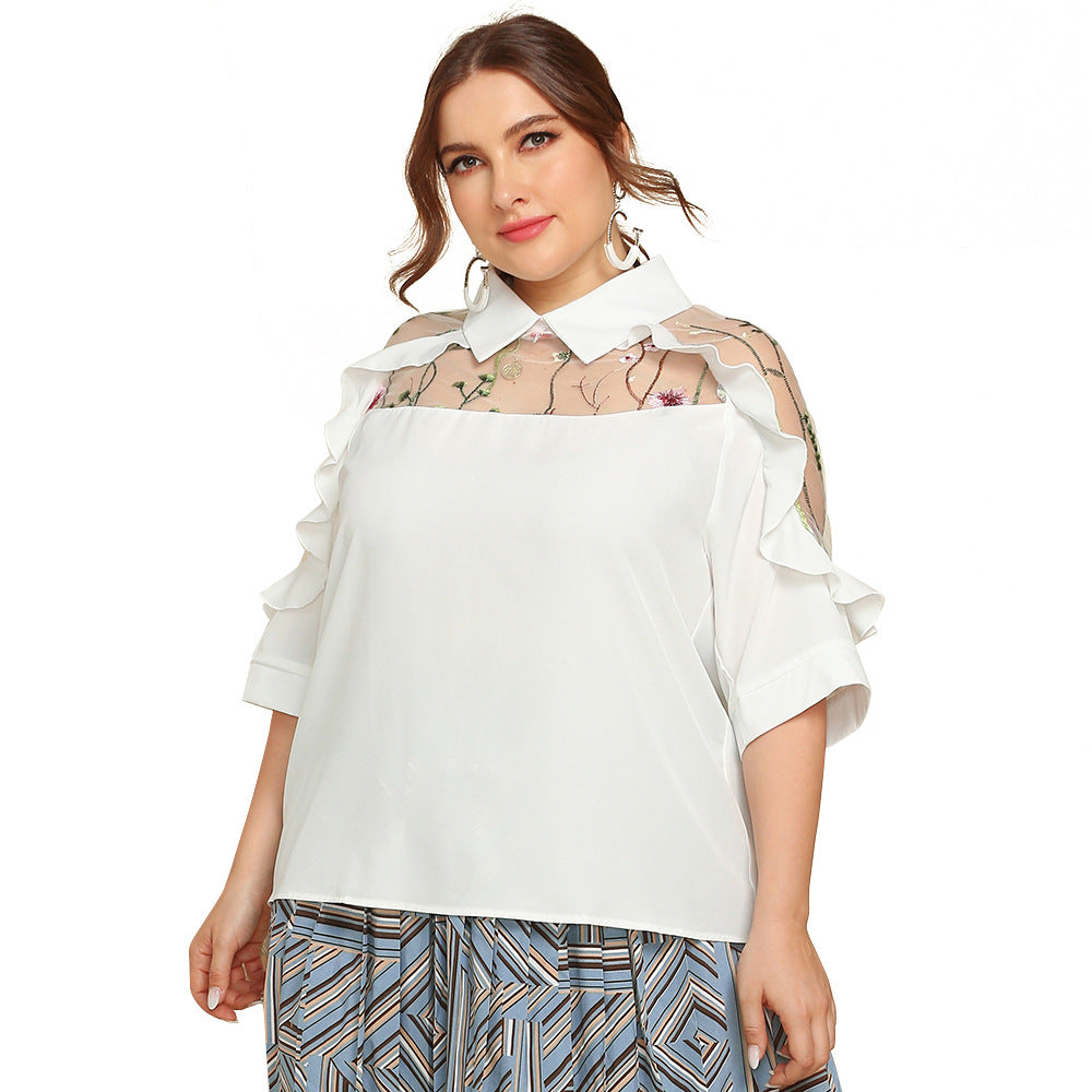 2025 spring and summer plus size women's clothing New elegant lapel see-through embroidered stitching wooden ear half sleeve shirt JR113