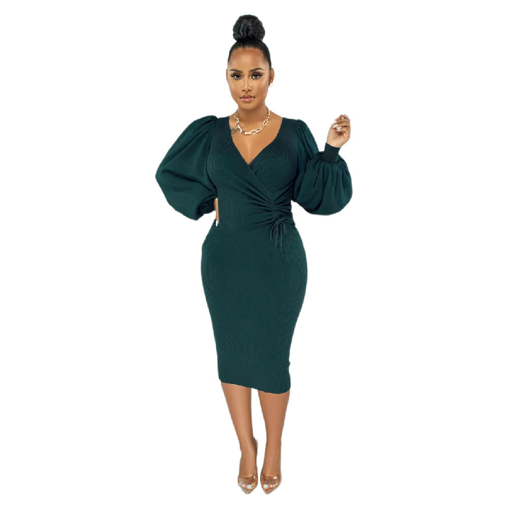9958 Europe and America cross border Amazon solid color mid-length puff sleeve slim women's clothing dress