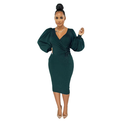 9958 Europe and America cross border Amazon solid color mid-length puff sleeve slim women's clothing dress