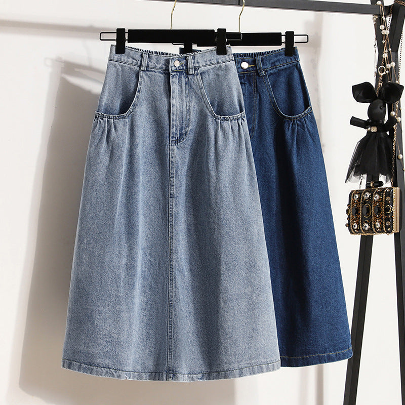 Niche design casual gewassen A-lijn denim midi-rok met hoge elastische taille