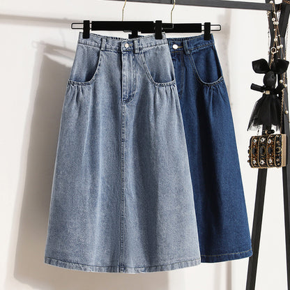 Niche design casual gewassen A-lijn denim midi-rok met hoge elastische taille