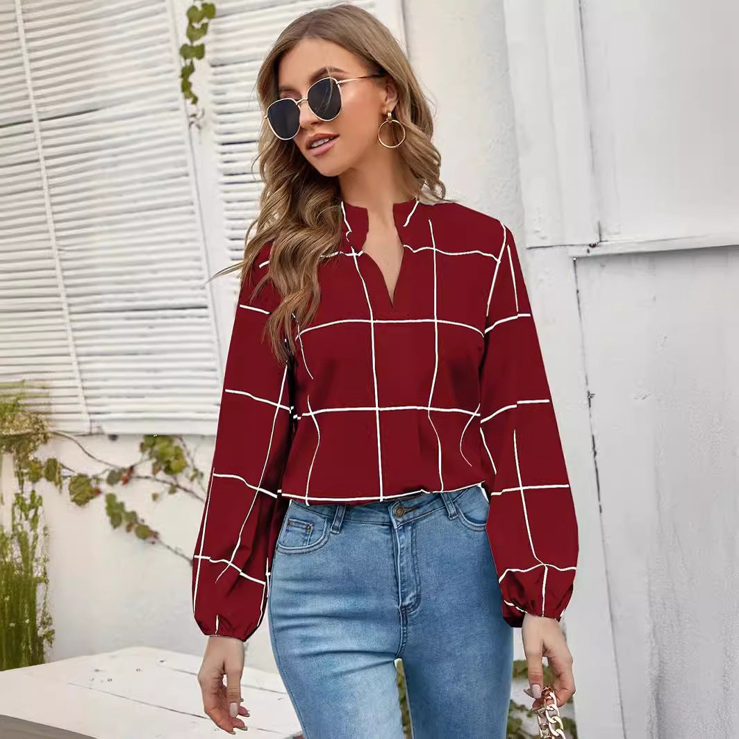 Amazon Autumn Stand Collar Long Sleeve Plaid Print Chiffon Women's Shirt |blouses,tops