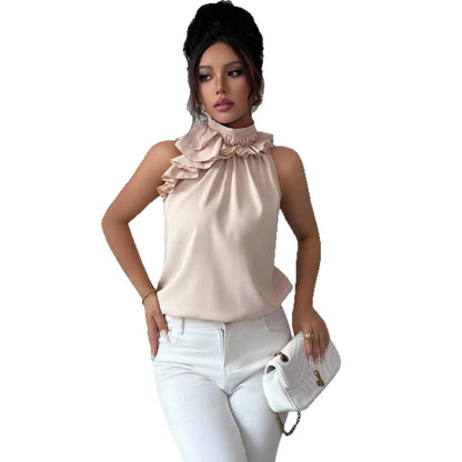 2026 cross-border European and American Amazon fashionable elegant petal collar halter off-shoulder slim sleeveless solid color top for women