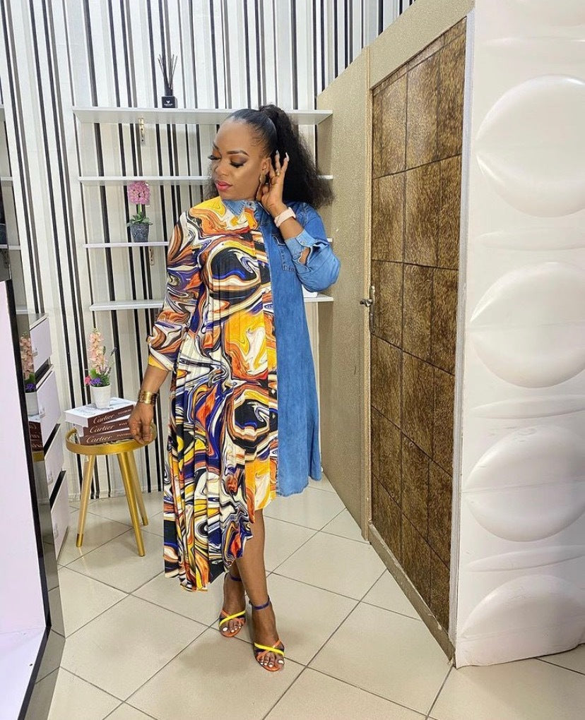 Supply Denim chiffon stitching unique cutting fashion loose shirt dress European and American Africa plus size special offer