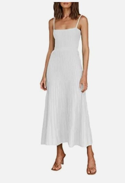 2023 Women's new pure color tube-top high waist spaghetti straps sleeveless knitted dress seaside vacation pleated maxi skirt for women