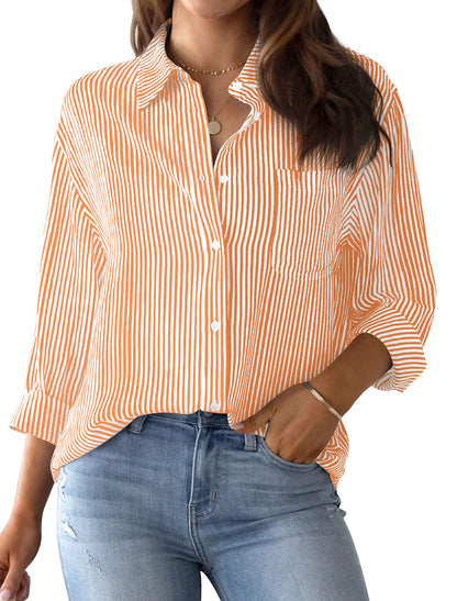 Women's button-down shirt striped classic long sleeve collar office work shirt top with pockets