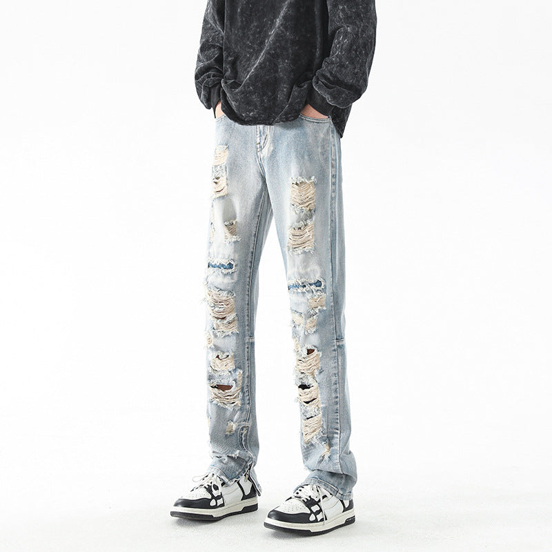 LKTM men's# American ripped retro jeans men's fashion brand High Street washed zipper split long pants