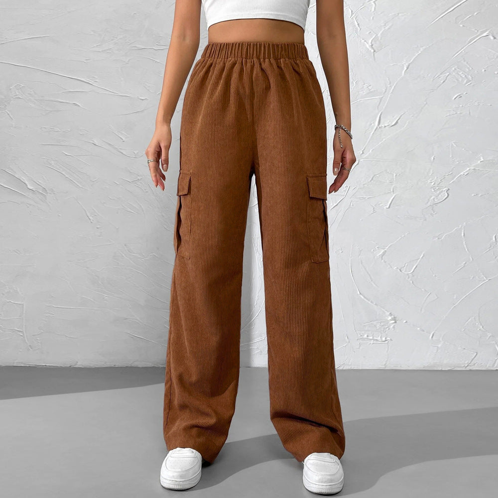 2026 spring and summer new European and American women's clothing loose elastic waist overalls corduroy wide leg straight casual trousers