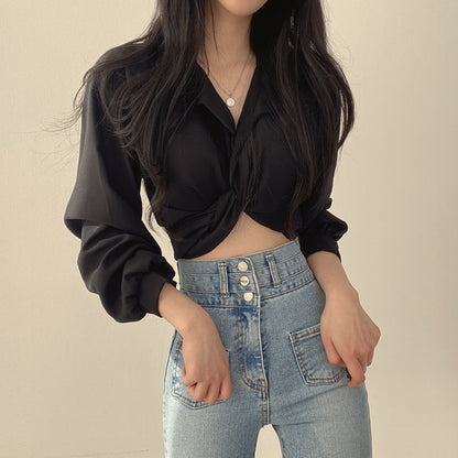 Summer Korean new French minority design back lace-up butterfly Dew navel short shirt top for women