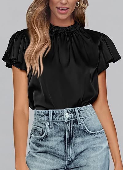 Women's summer satin shirt casual pleated short sleeves round neck party top