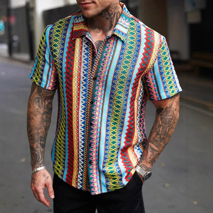 Polyester Men's Casual Printed Short-Sleeved Stand-Up Collar Shirt