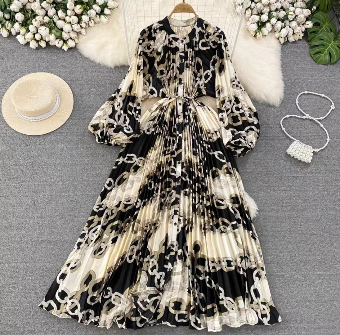 Luxe lange lantaarmouwen knopen ceintuur bedrukte maxi-jurk