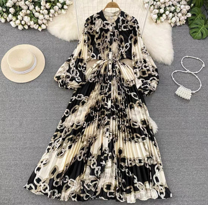 Luxe lange lantaarmouwen knopen ceintuur bedrukte maxi-jurk