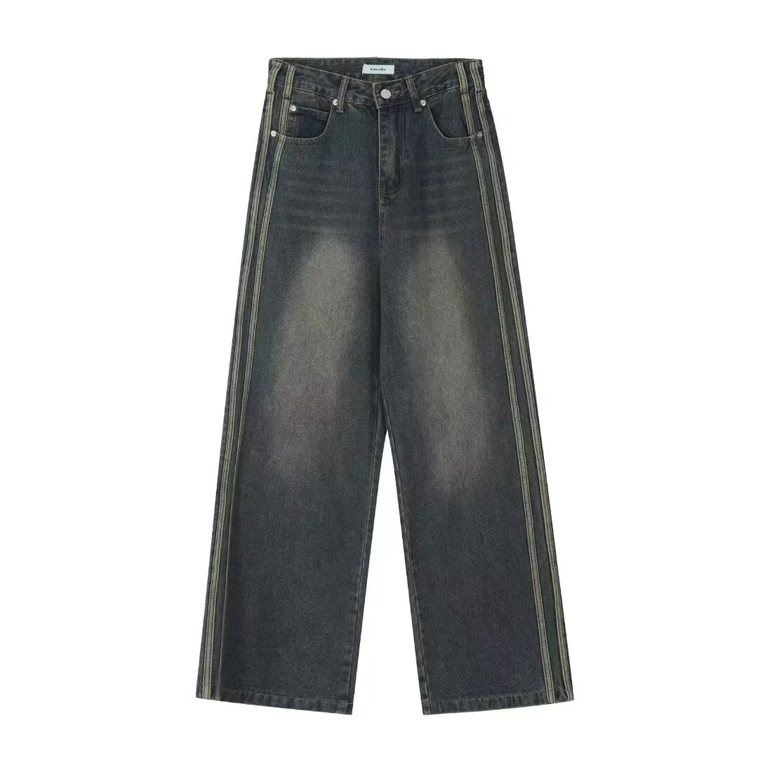 2024 design retro side striped jeans punk vibe distressed loose wide leg mopping women's casual pants