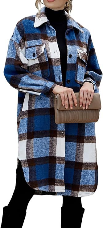 Women's 2024 mid-length plaid jacket long sleeve button shirt fashion Winter brushed woolen dress and coat