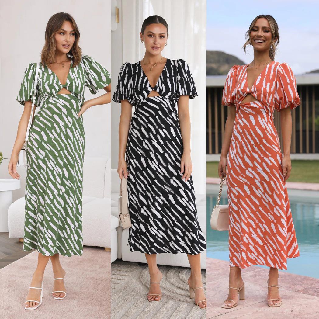 2023 Europe and America cross border independent station fresh sweet style printed V-neck A- line midi dress long dress ruffle sleeve