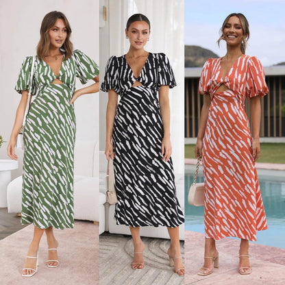 2023 Europe and America cross border independent station fresh sweet style printed V-neck A- line midi dress long dress ruffle sleeve