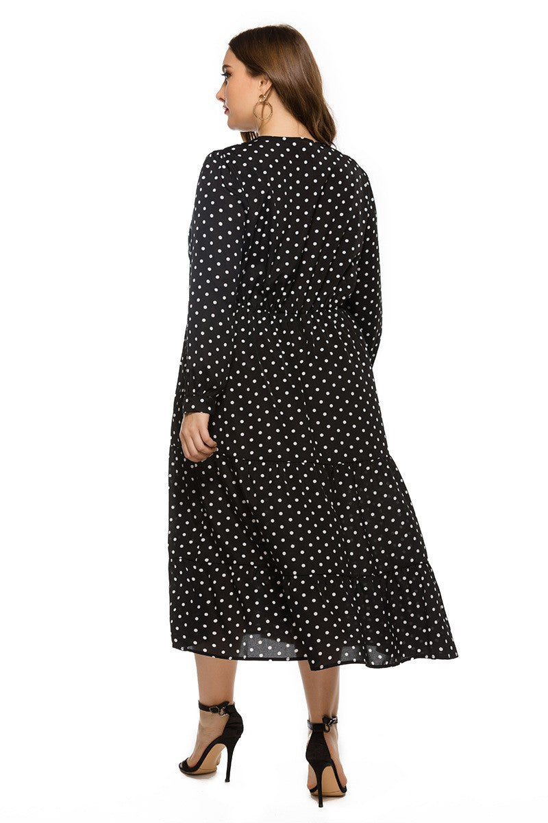 2025 real shot spring new European and American AliExpress stylish loose plus size women's V-neck long sleeve polka dot dress