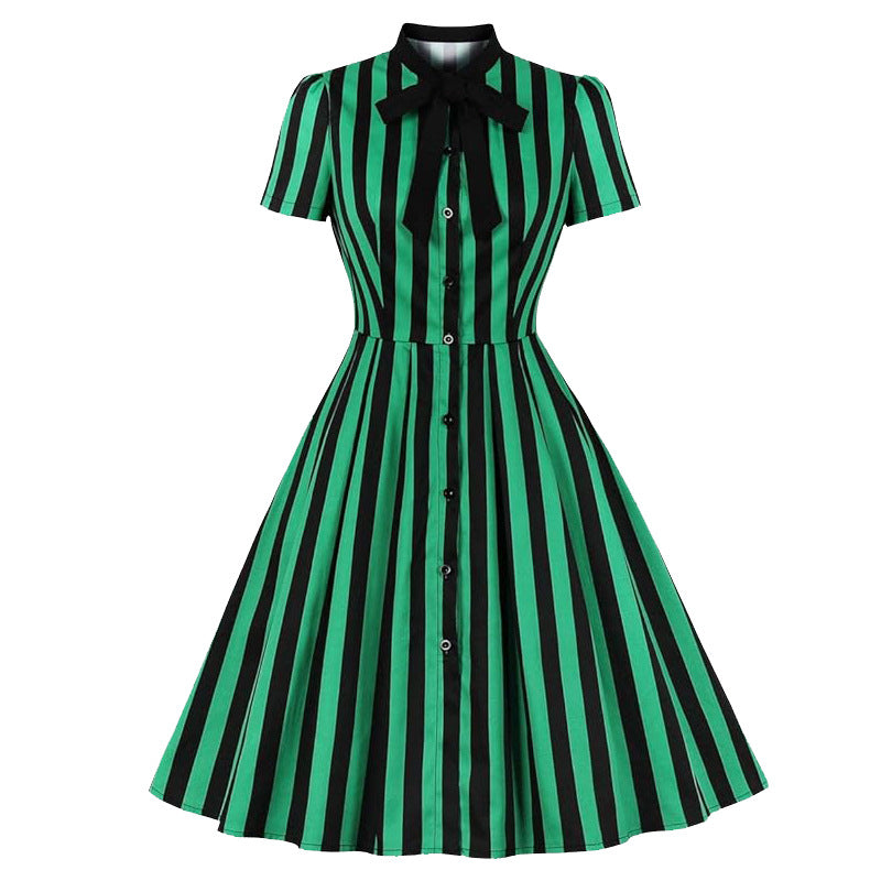Women's striped printed tie collar pocket vintage skirt button shirt dress Halloween stage performance wear