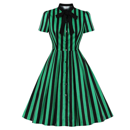 Women's striped printed tie collar pocket vintage skirt button shirt dress Halloween stage performance wear