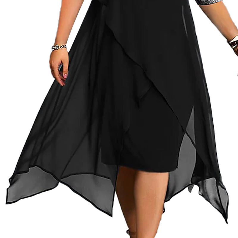Cross-border women's clothing mid-skirt summer European and American fashion design stitching sequins off-shoulder loose plus size ladies dress