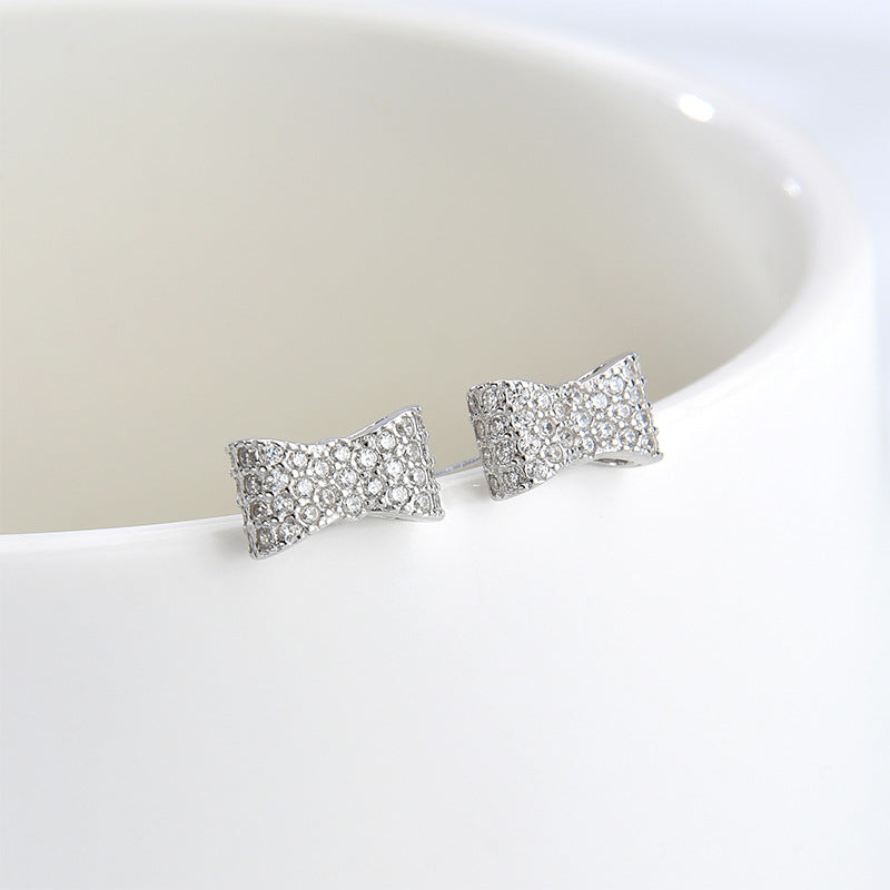 925 sterling silver diamond inlaid bow stud earrings simple Korean style artistic temperament earrings niche design ornament women