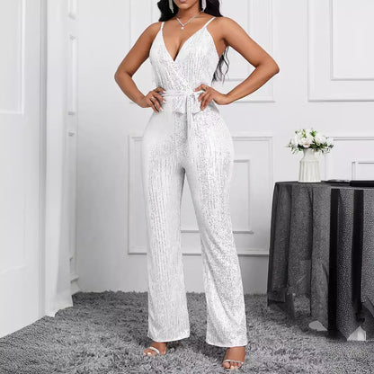 Niche design style European and American Foreign trade exclusive for cross-border solid color suspender jumpsuit elegant temperament