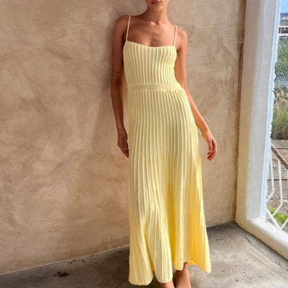 2023 Women's new pure color tube-top high waist spaghetti straps sleeveless knitted dress seaside vacation pleated maxi skirt for women
