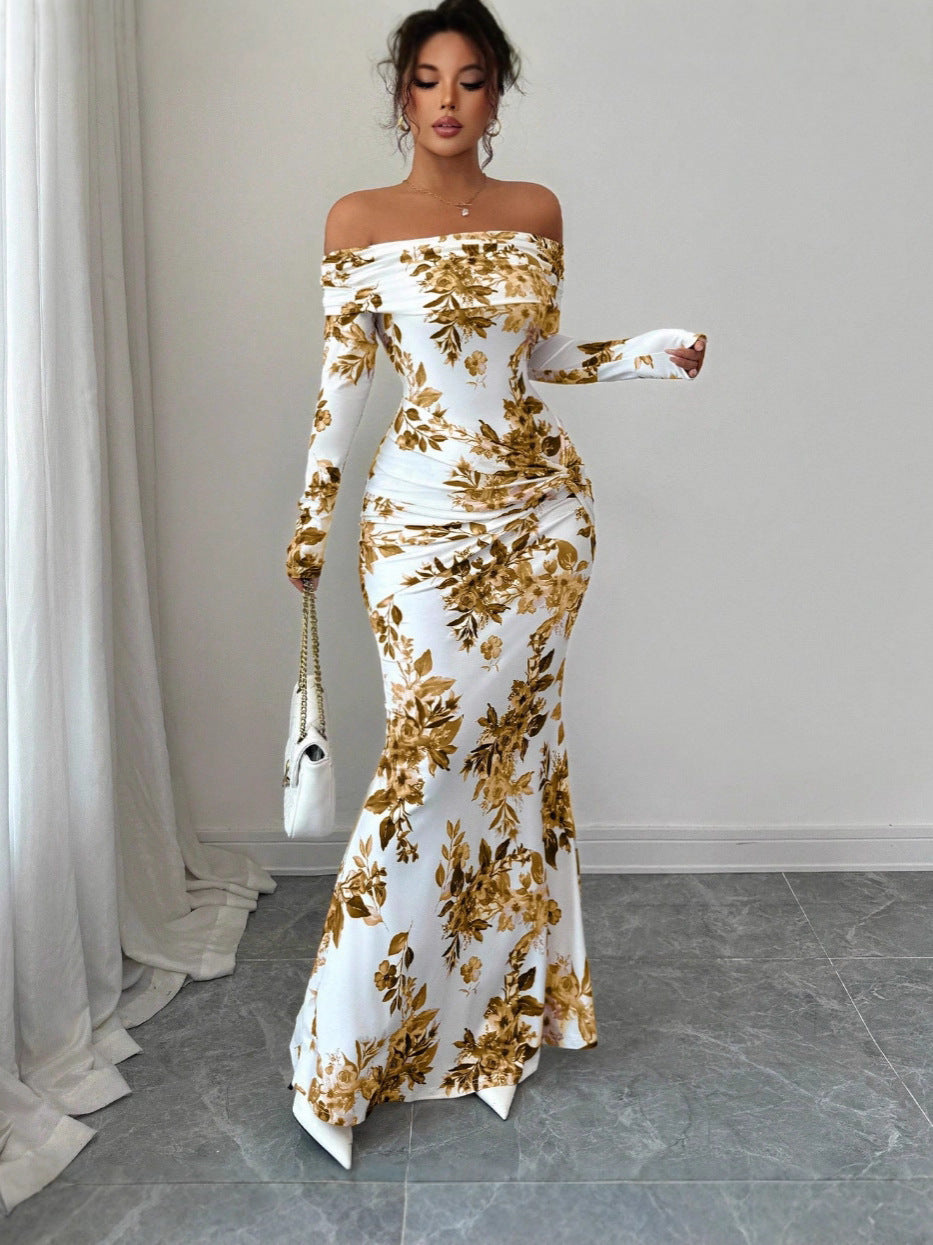 Europe and America cross border hot sale 2026 autumn new printed long dress elegant slim off-shoulder long sleeve dress for women now