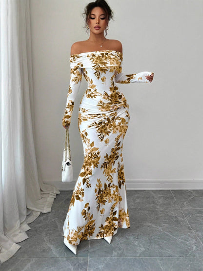 Europe and America cross border hot sale 2026 autumn new printed long dress elegant slim off-shoulder long sleeve dress for women now