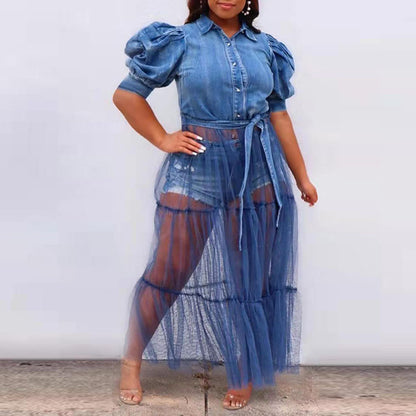 2025 new European and American plus size women's dress cardigan dress temperament commute blue Denim stitching mesh skirt