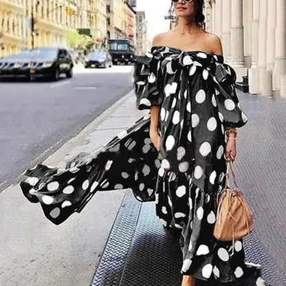 2025 European and American Foreign trade cross-border women's clothing dress Amazon off-shoulder polka dot casual bohemian maxi dress