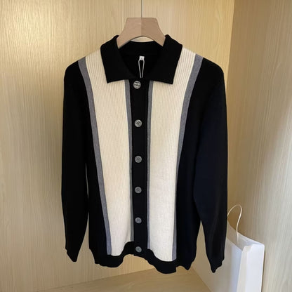 Knitted Long-Sleeved Men's Striped Cardigan Jacket Polo Shirt