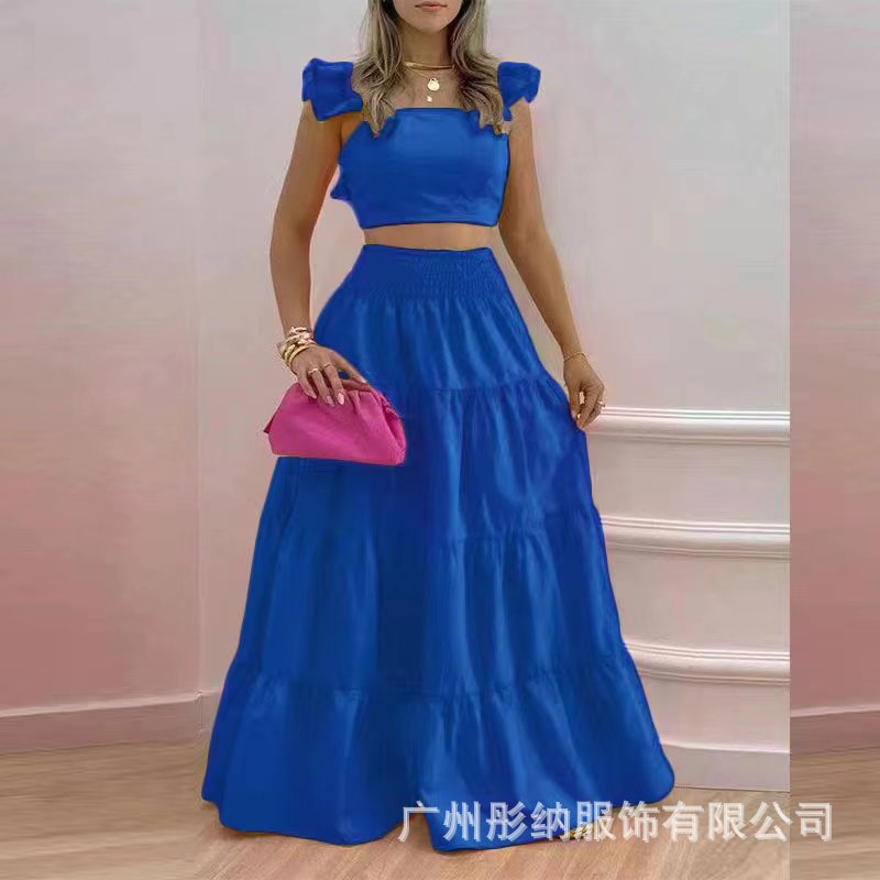 2024 Summer European and American Amazon cross-border new arrival temperament sexy backless solid color two-piece sling maxi dress