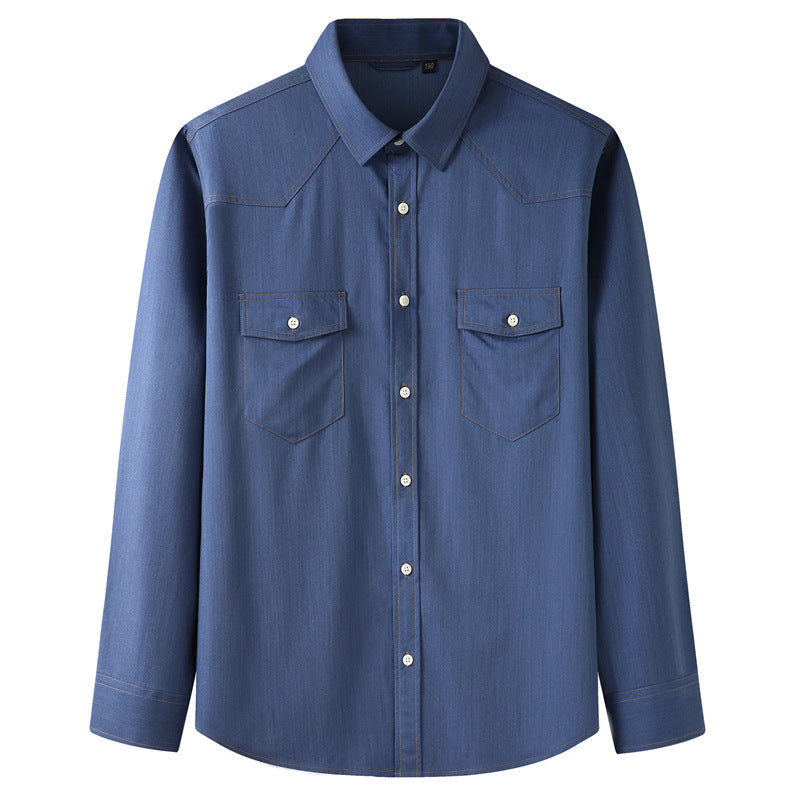 Plus size men's stretch Denim long-sleeved shirt fat guy Spring and Autumn new casual stylish multi-pocket shirt fat guy fashion