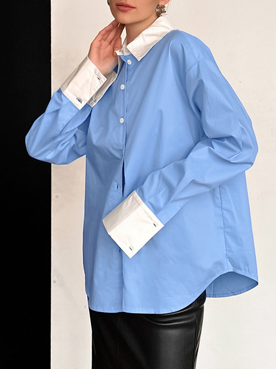 Blue and White Women's Shirt Fall New French Collar Cotton Long Sleeve |blouses,tops
