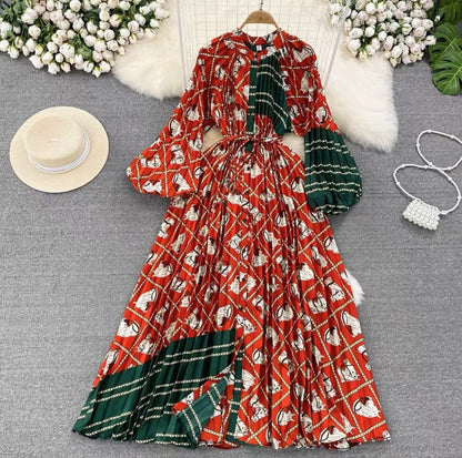 Luxe lange lantaarmouwen knopen ceintuur bedrukte maxi-jurk