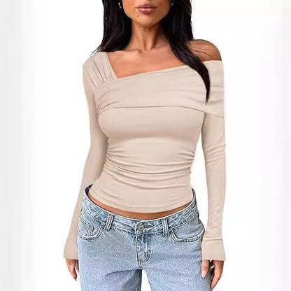 Amazon hot selling product 2025 spring and autumn Women's One shoulder long-sleeved shirt pleated going out tops slim y2g shirt