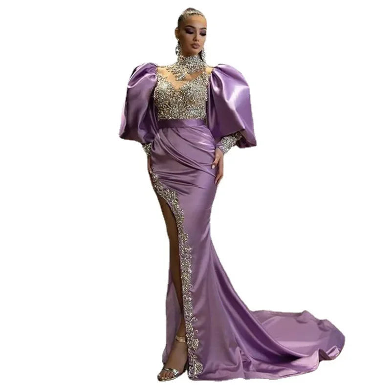 2025 new Europe and America cross border Amazon dress Princess sleeves sheath dress trailing gold elegant evening dress