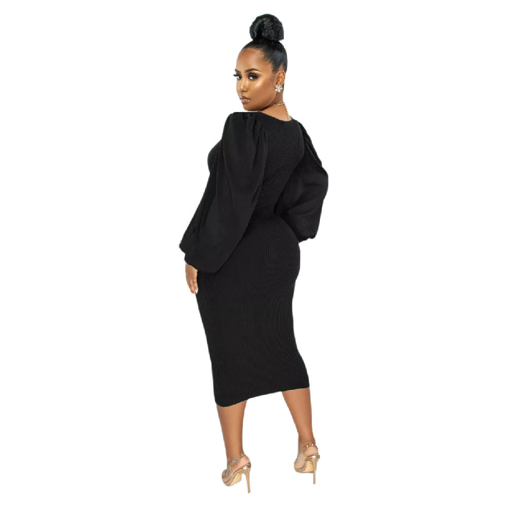 9958 Europe and America cross border Amazon solid color mid-length puff sleeve slim women's clothing dress