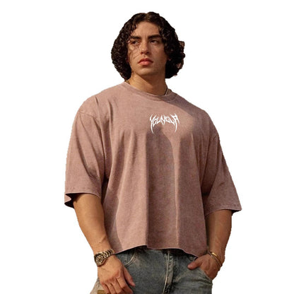 YOUNGLA American fashion brand men's T-shirt heavy cotton washed distressed printed casual round neck short sleeves top