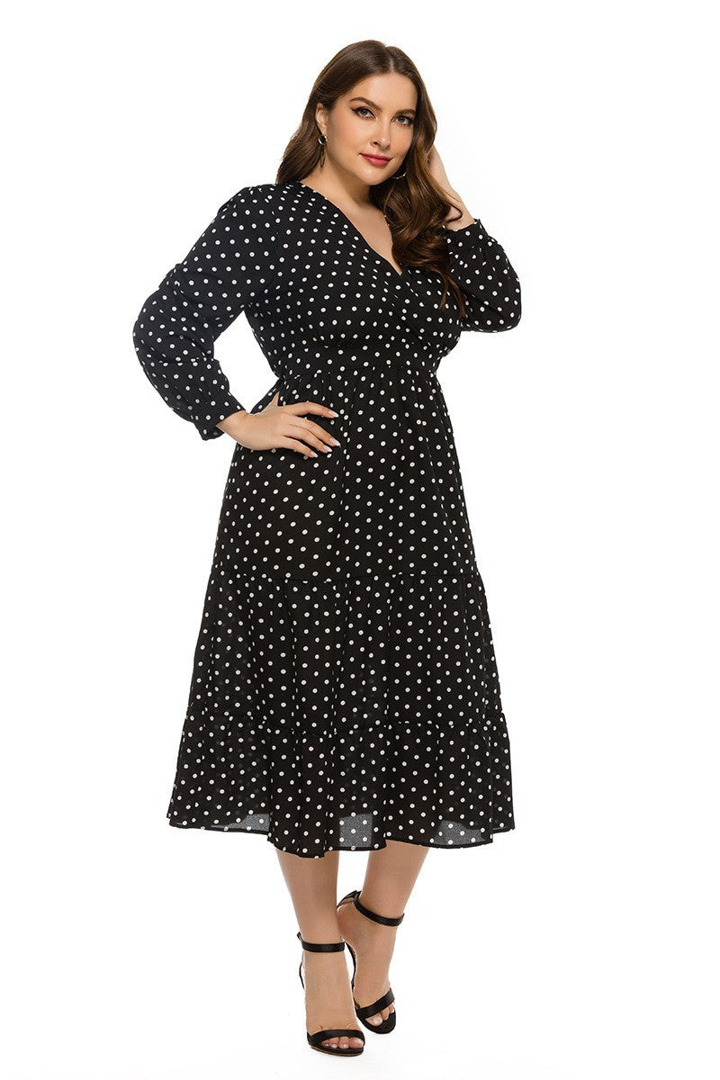 2025 real shot spring new European and American AliExpress stylish loose plus size women's V-neck long sleeve polka dot dress