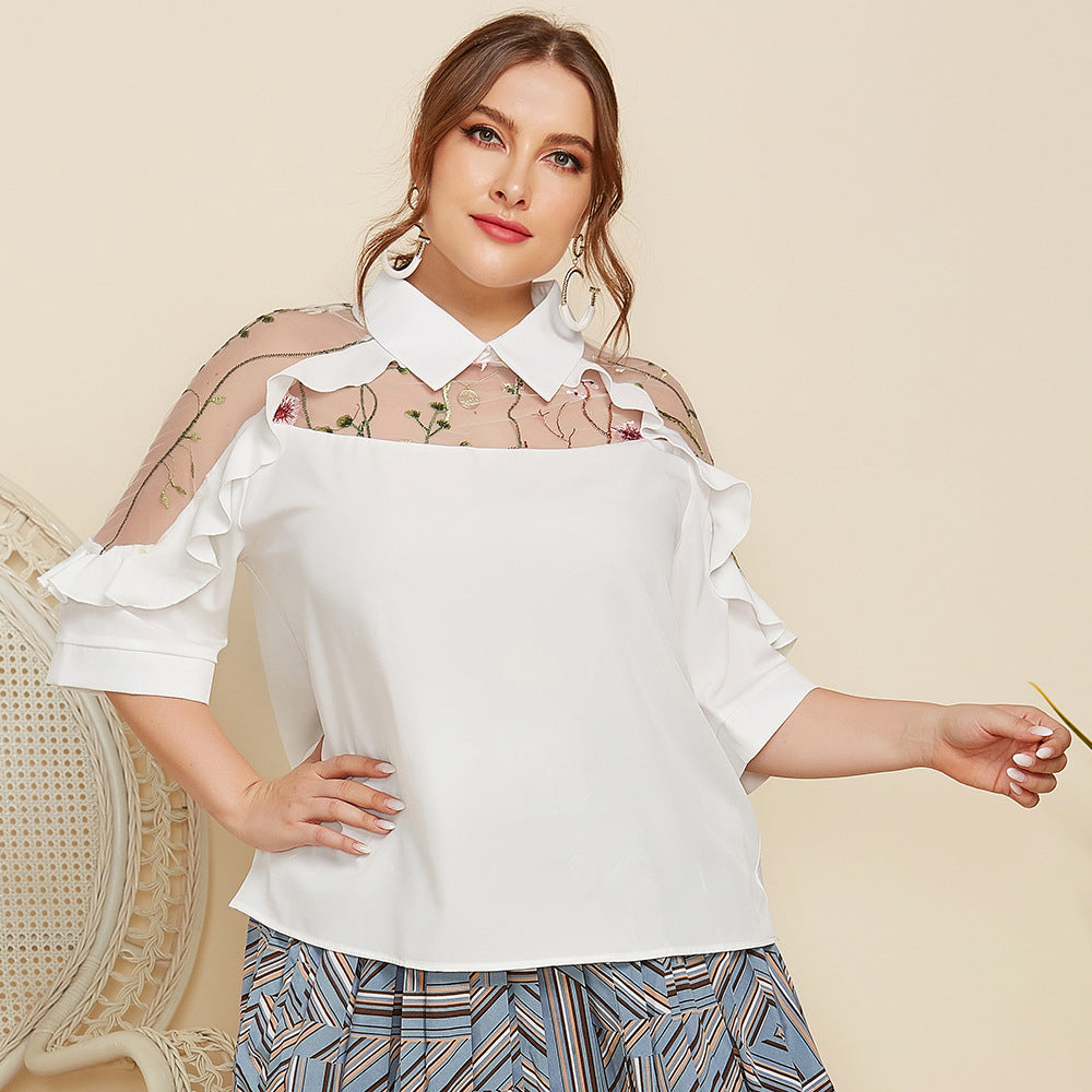 2025 spring and summer plus size women's clothing New elegant lapel see-through embroidered stitching wooden ear half sleeve shirt JR113