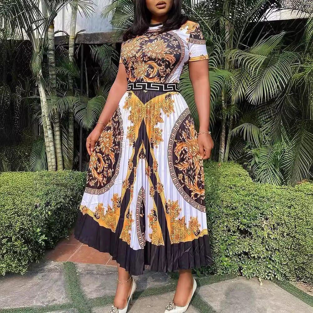 African Plus Size High Waist Short Sleeve Print Pleated Dress