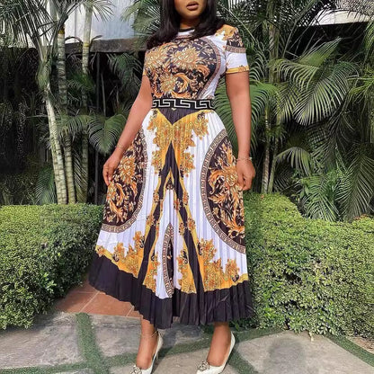 African Plus Size High Waist Short Sleeve Print Pleated Dress
