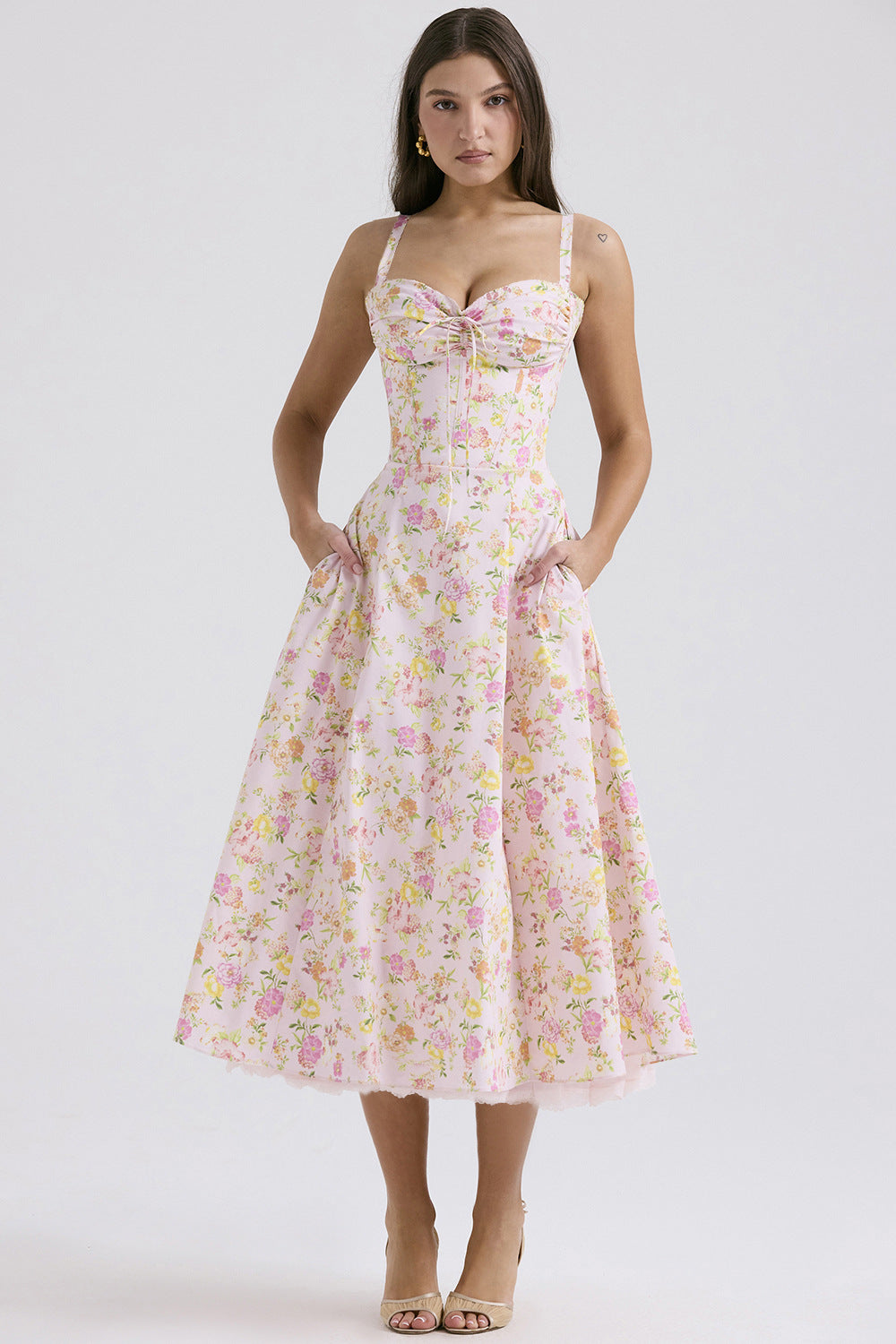 Europe and America cross border elegant floral series French summer strap gentle dress slimming floral strap dress