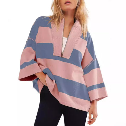2024 women's oversized striped shirt half zip sweatshirt color block V-neck top casual loose pullover