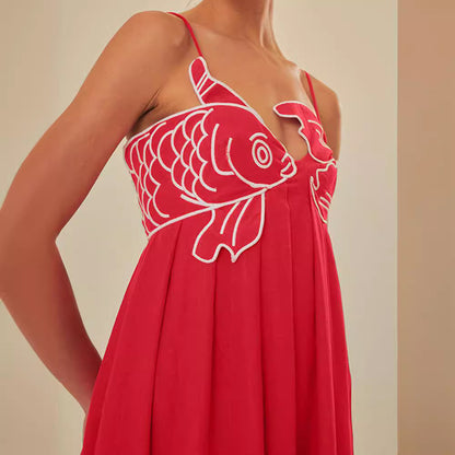 Europe and America cross border 2024 Summer new fashion elegant red fish-shaped top extra long dress backless slip dress