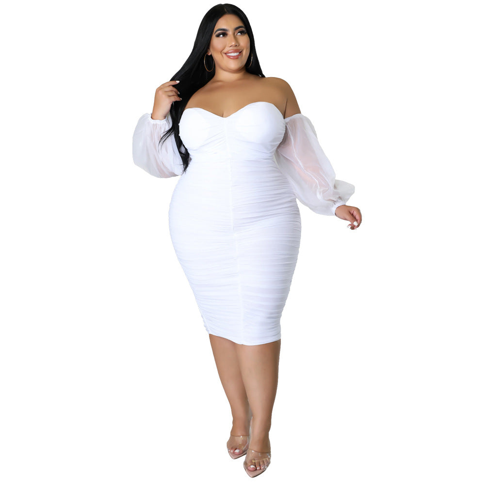 2022 European and American autumn New plus size women's clothing dress Amazon skinny mesh pleated long sleeve plus-size clothes