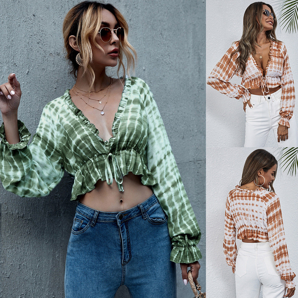 Spring Summer New Tie-Waist V-Neck Tie-Dye Blouse Women's Shirt |blouses,tops